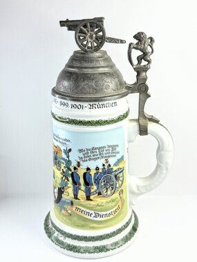 Vintage German Military Beer Stein Munich Artillery Pewter Lid A923